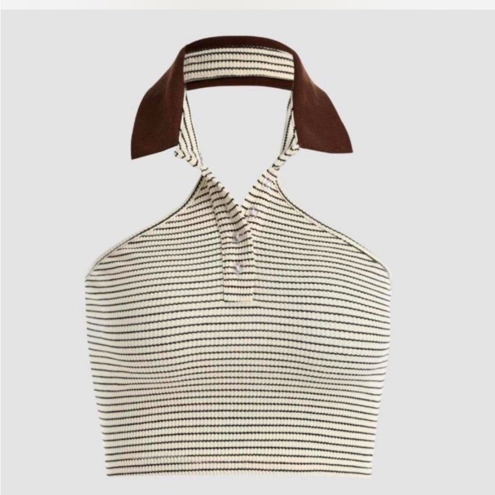 CROPPED STRIPED HALTER TOP WITH COLLAR